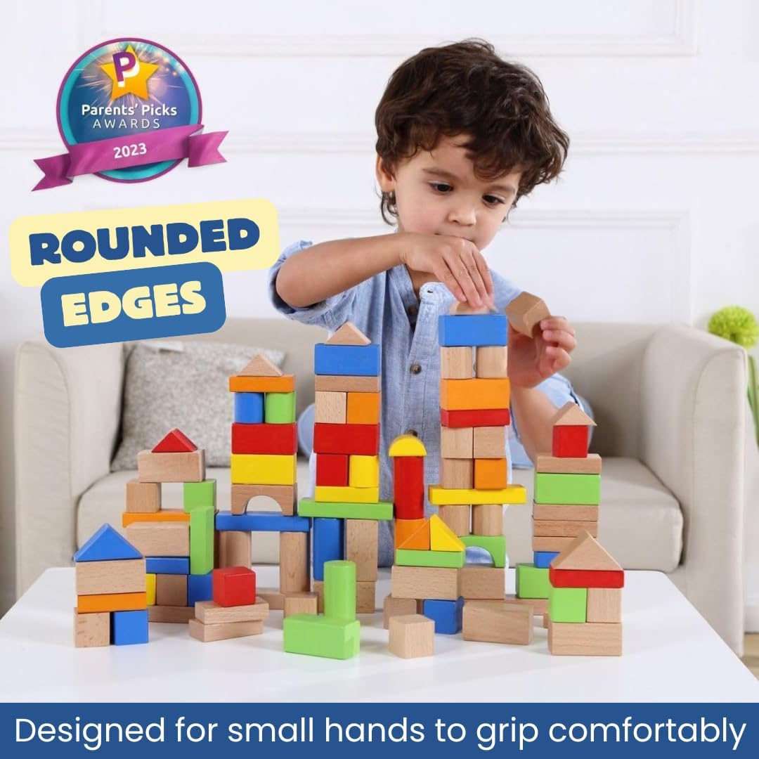 Pidoko Kids Wooden Blocks - 100 Pcs - Building Blocks for Toddlers - Includes Storage Container with Shape Sorter Lid - Natural Beech Wood Blocks - Preschool Learning Toys Stacking Block