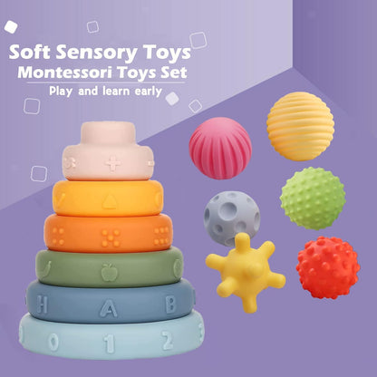 Weilim Montessori Toys Soft Stacking Building Blocks Rings Balls Sets 3 in 1 Baby Toys Bundle for Babies Sensory for Toddlers Teething Bath for Infants Learning Education Toy