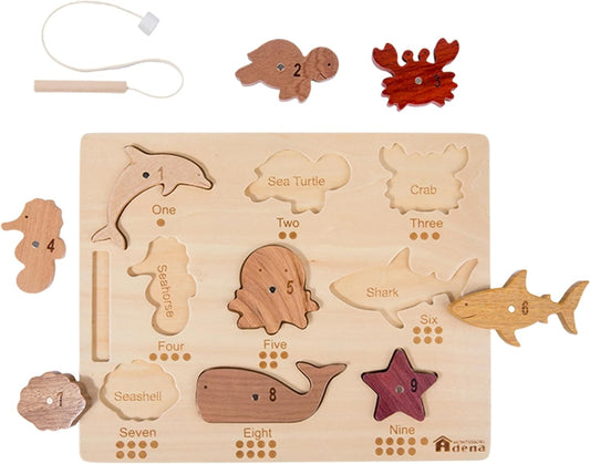 Adena Montessori Natural Wood Wooden Toy Magnetic Fishing Game, Wooden peg Puzzle 2 in 1 for Toddlers, Wooden Puzzle for 2-3 Years Old, Puzzle with Digital Ocean Animal Advanced Toys for 2 Year Old