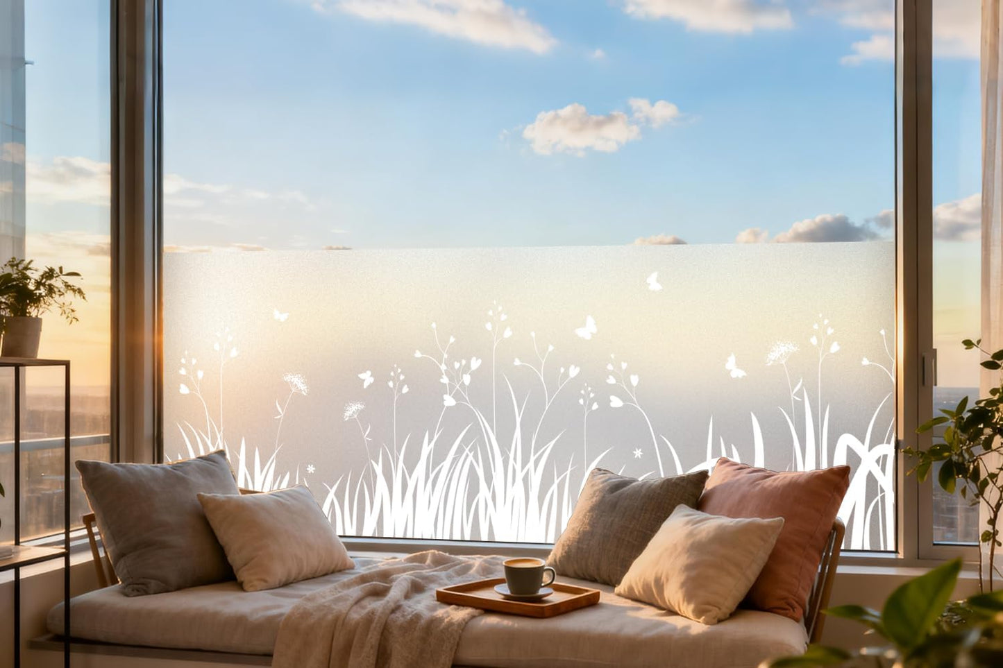 DKTIE Window Privacy Film Flowers Pure White Pattern Stained Glass Window Film Decorative Frosted Glass Window Film Sun Blocking Heat Control Static Cling (A274, 17.5" x 78.7")
