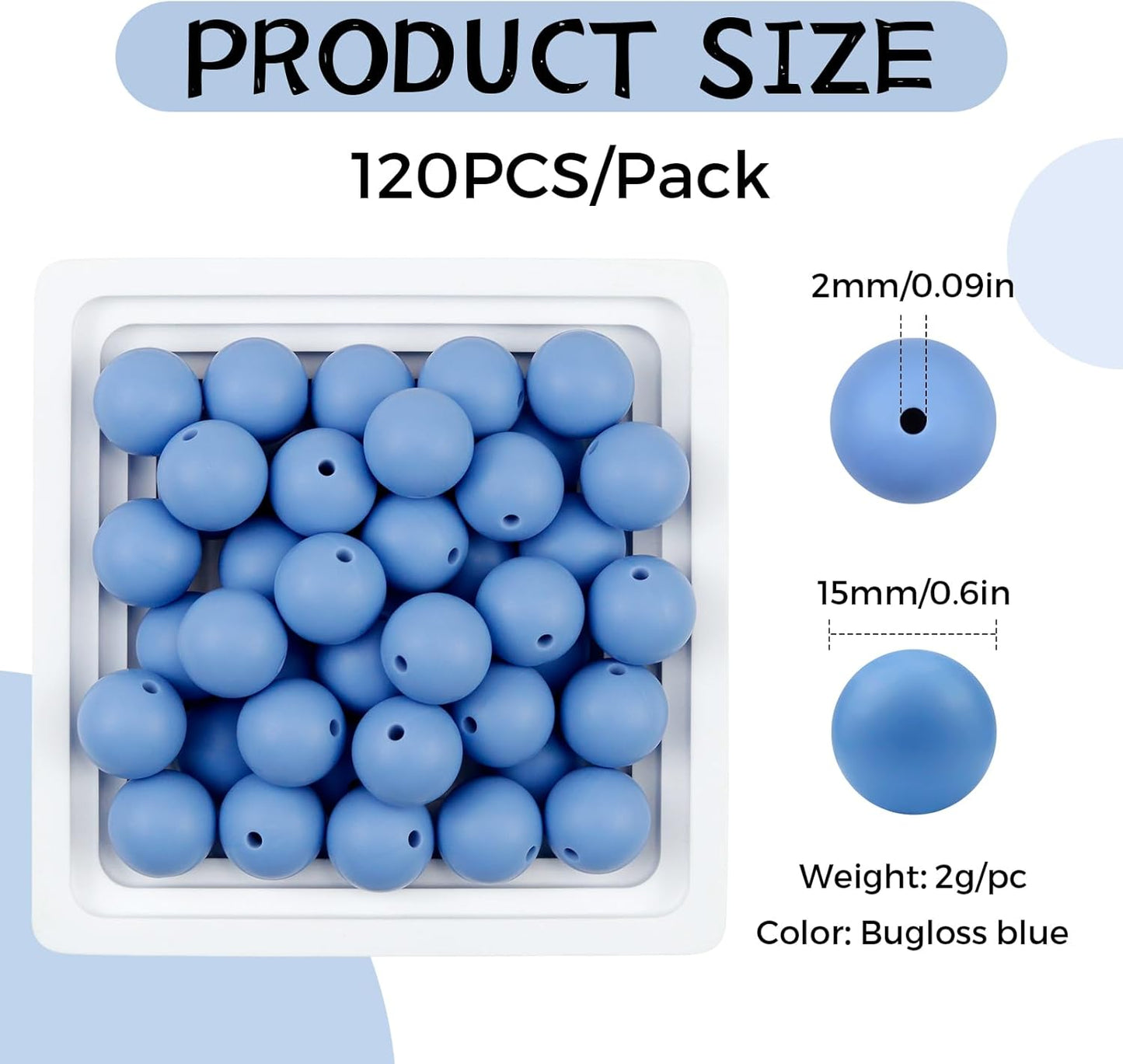 120PCS FIVEIZERO Silicone Beads for Keychain Making, 15mm Glacier Gray Round Silicone Rubber Focal Beads Bulk for DIY Crafts, Bracelets, Necklaces, and Pens