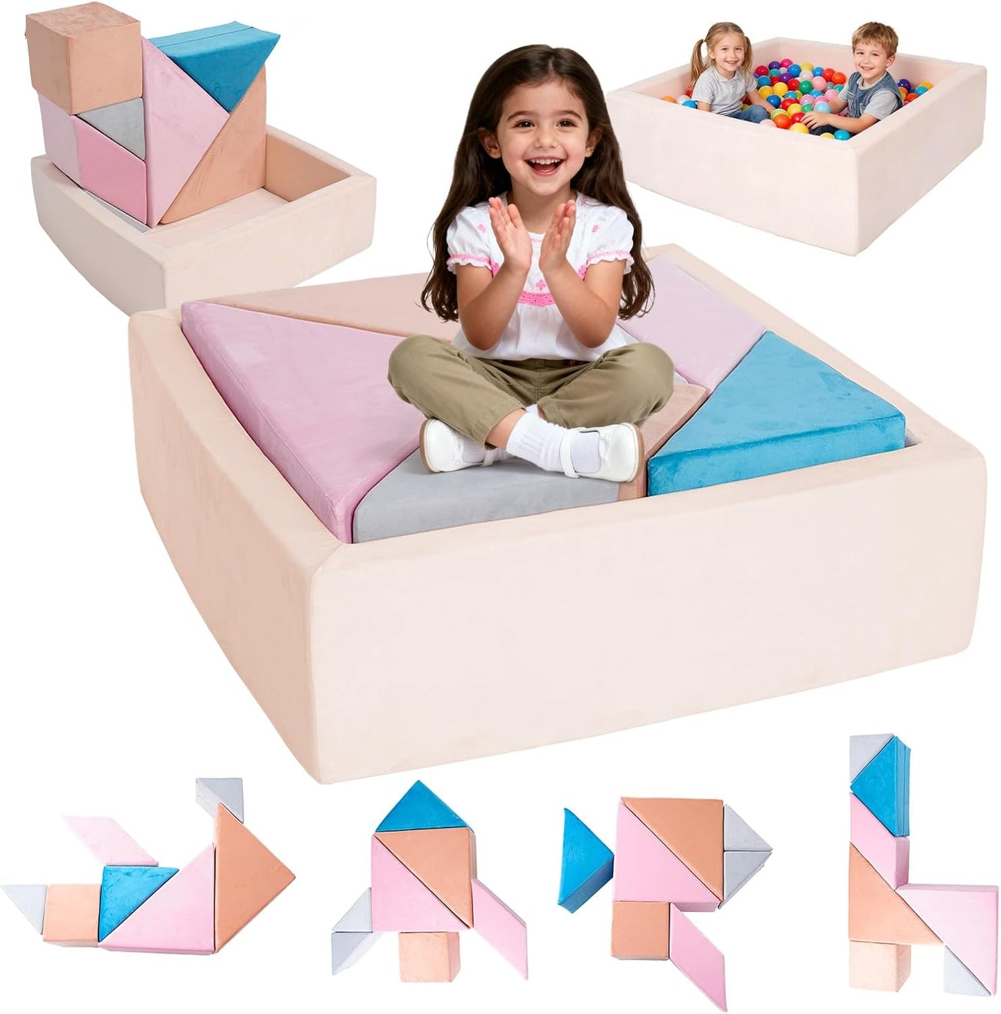Tangram Puzzles modular kids play couch building fort, Children explorer sofa with Ball Pit, Kids playroom convertible furniture for Inspiring Child Creativity, Made entirely of sponge (Blue Series)
