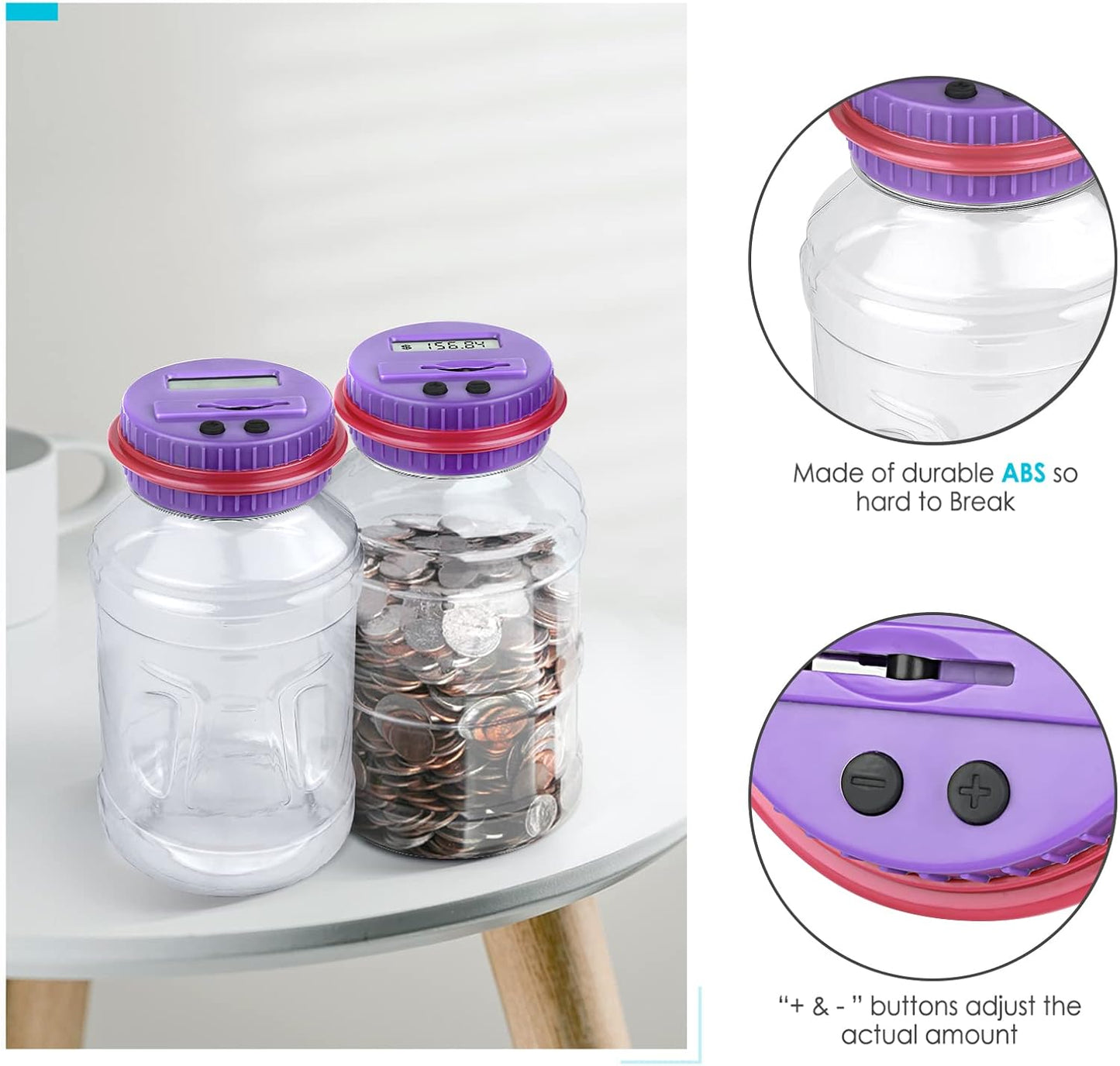 Large Piggy Bank for Adults Kids, Vcertcpl Digital Coin Counting Bank with LCD Counter, 1.8L Capacity Coin Bank Money Jar for Adults, Designed for All US Coins (Purple)