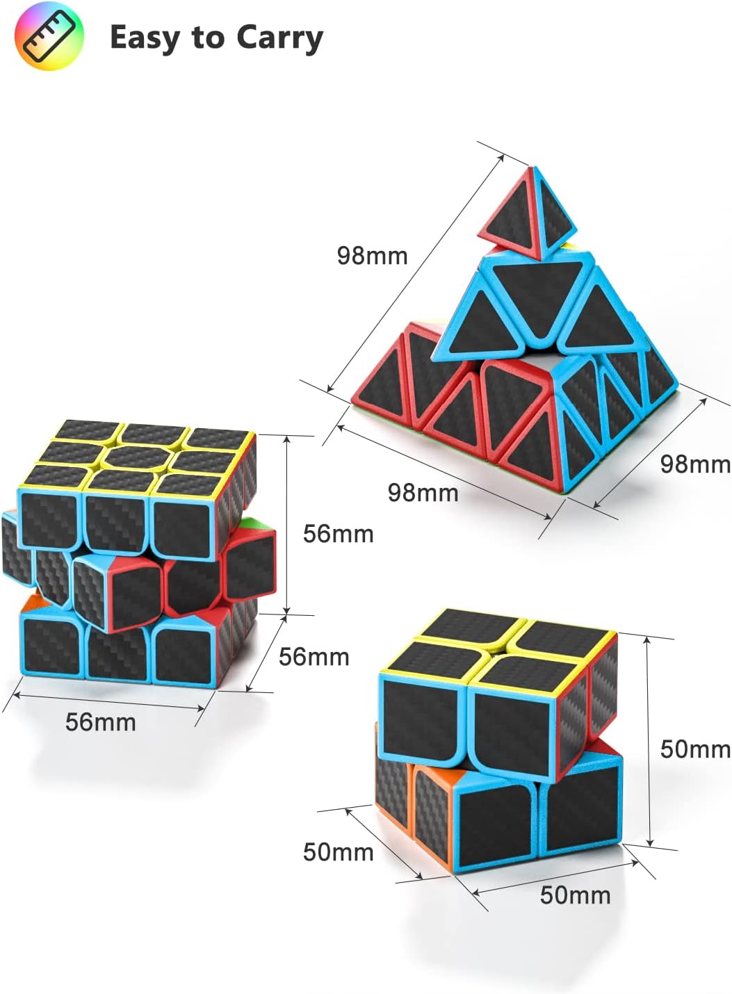 Vdealen Speed Cube Set, 2x2x2 3x3x3 Pyramid Magic Cube Set, Puzzle Cube Toys Birthday Party Christmas Stocking Stuffers Gift for Kids Teens Adults(Carbon Fiber Sticker)