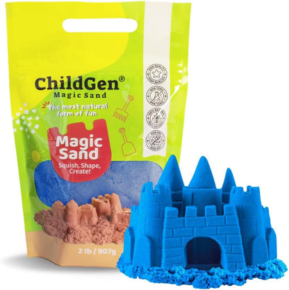 ChildGen Magic Sand, 2lbs Natural Sea Sand in Resealable Bag, Non-Toxic Play Sand for Kids, Soft, Moldable, Mess-Free Sensory Play (Green)