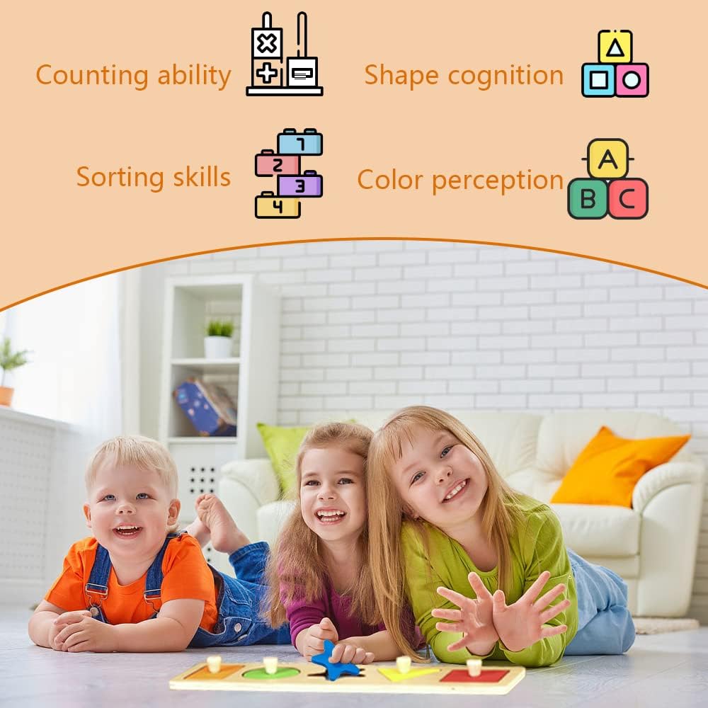 Montessori Toy Wooden Shape Peg Puzzles Montessori Baby Puzzle Geometric Shape Puzzle with Board Knob Preschool Wooden Puzzles for Toddlers 1-3 Year Old