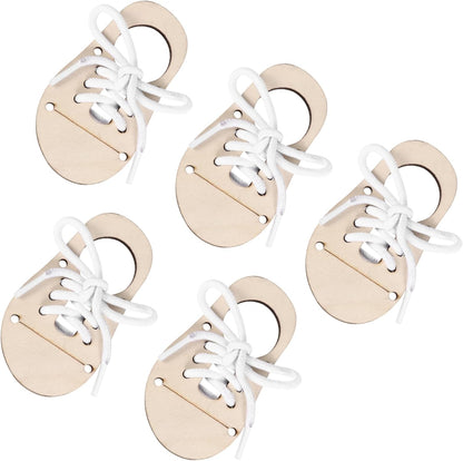 Veemoon 5sets DIY Practice Shoe Lacing Wood Chips Craft Toys for Boys and Girls Unfinished Wood Pendant Ornament Craft Decoration Funny Puzzle