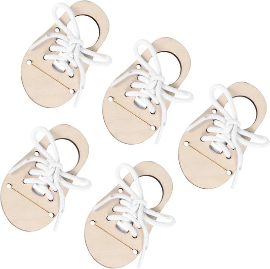 Veemoon 5sets DIY Practice Shoe Lacing Wood Chips Craft Toys for Boys and Girls Unfinished Wood Pendant Ornament Craft Decoration Funny Puzzle