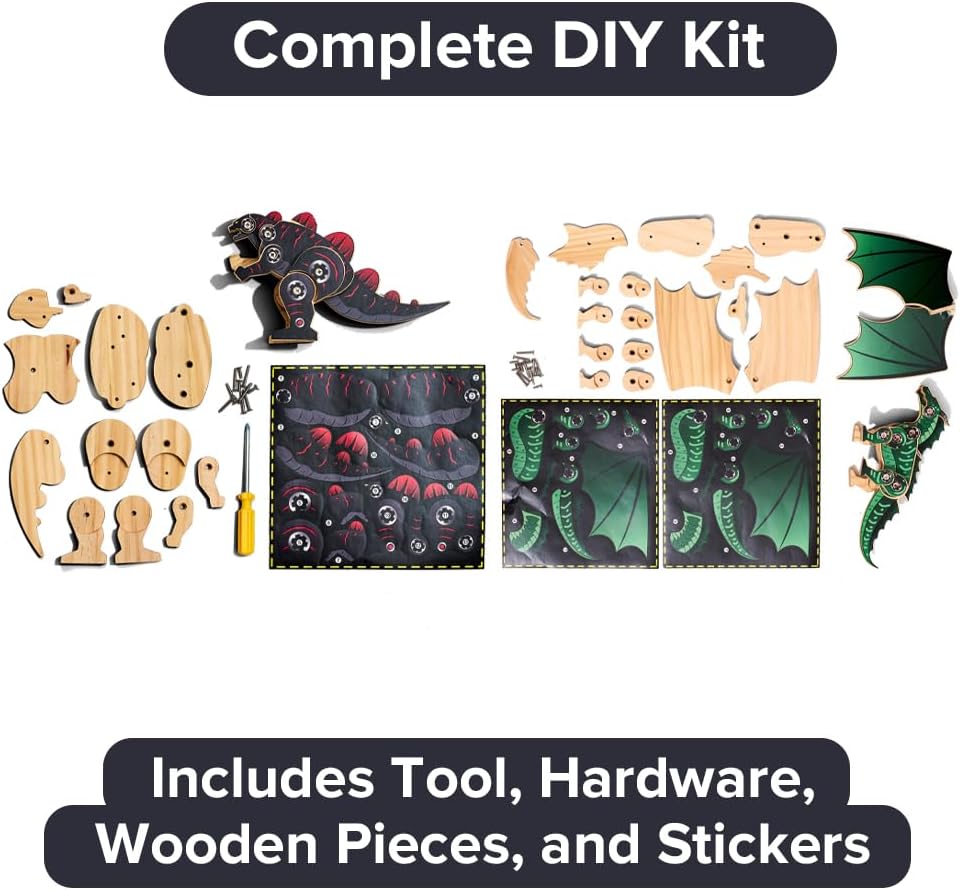 Little Jupiter DIY Wooden Kit with Stickers - Dinosaur Toys for Kids for 7-12 Yrs - Dinosaur Toy Woodworking Kits - Wood Crafts - Kids Building Kit - Wooden Crafts (Stegosaurus)
