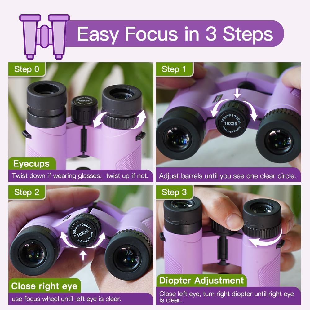 Binoculars for Kids 8-12, 10x25 Kids Binoculars for Nature Exploration, HD Childrens Binocular for Bird Watching, Hiking, Camping, Outdoor Adventure - Purple