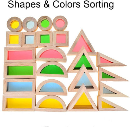 BOHS Rainbow Sensory Blocks (24 pcs) - Wooden Toys for Toddler Gift- Play on Light Table/Sunny Window