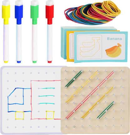 Wooden Geoboard - Puzzle Board for Kids | Pattern Cards and Rubber Bands Create Figures Shape STEM Puzzle Brain Teaser for Children
