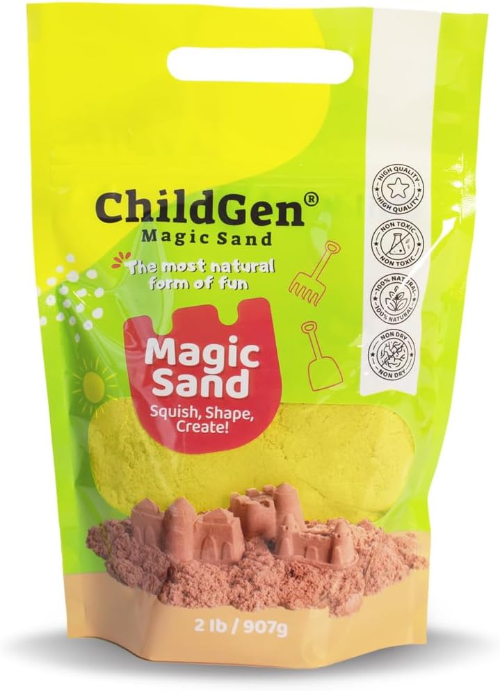 ChildGen Magic Sand, 2lbs Natural Sea Sand in Resealable Bag, Non-Toxic Play Sand for Kids, Soft, Moldable, Mess-Free Sensory Play (Green)