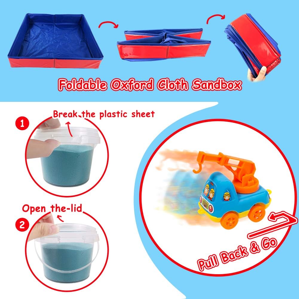 ESSENSON Play Construction Sand Kit - 3lbs Sand with 2 Colors, 6 Mini Construction Trucks, Construction Toys and Signs, Animal Mold, Modeling Tools, Foldable Sandbox, Gifts for Boys Girls