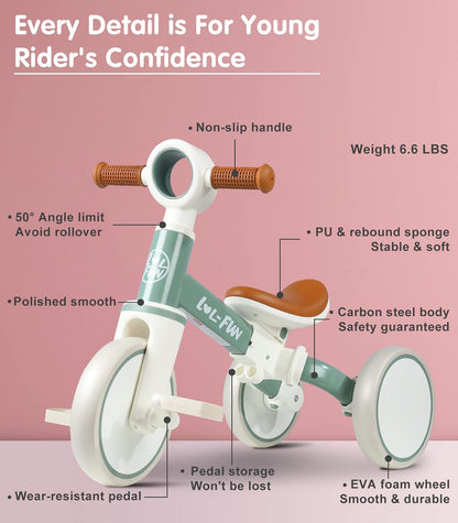 LOL-FUN Tricycle for Toddlers 1-3 Years Old Boys Girls Toy, 4 in 1 Baby Balance Bike for 1 2 Year Old Gift, Kids Bicycle with Easy Assembly Removable Pedal