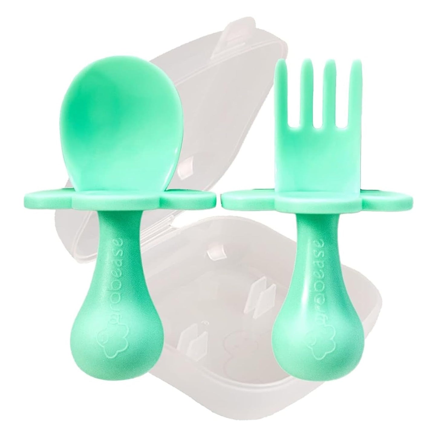 Grabease Baby Feeding Utensils - Anti-Choke Collar & Toddler Fork for Ages 1-3 - Easy-Grip Curved Handle Infant Spoon - Dishwasher-Safe Convenience & Baby Cutlery - Teal
