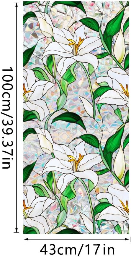 Flower Stained Glass Window Film Decorative Static Cling Stickers Sun Blocking Privacy Decals for Home Car White Lily