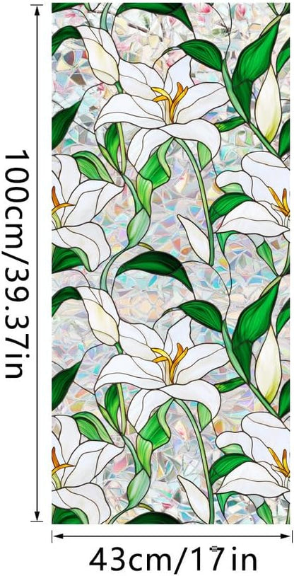 Flower Stained Glass Window Film Decorative Static Cling Stickers Sun Blocking Privacy Decals for Home Car White Lily