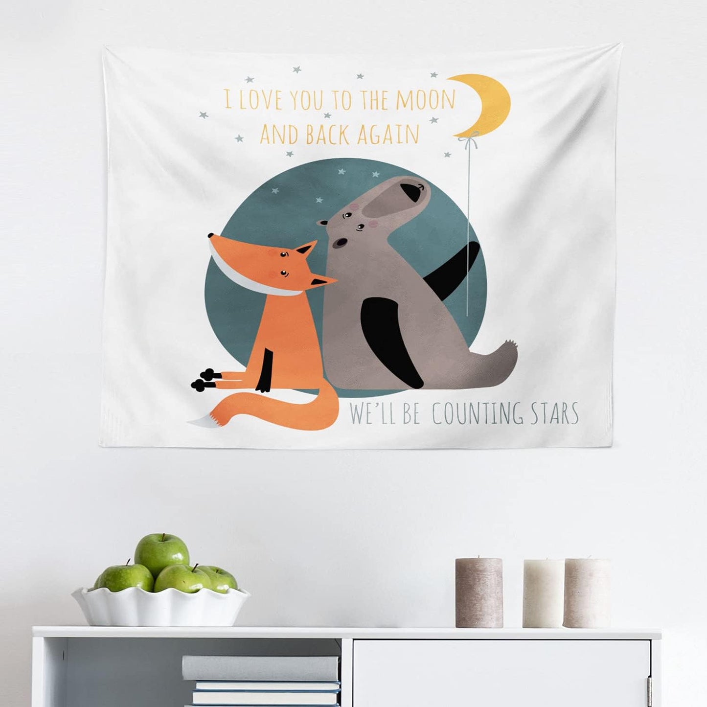 Ambesonne I Love You Tapestry, Bear and Fox in Love Counting Stars at Night Animal Birthday Print, Fabric Wall Hanging Decor for Bedroom Living Room Dorm, 45" X 30", Orange Slate Blue Grey