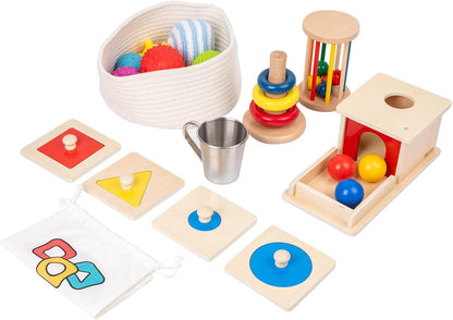 Adena Montessori Play Kit for 3-4 Months Baby,8 in 1 Wooden Learning Educational Toys for Toddler,Include Framed Mirror Book,High-Contrast Cards and More,Christmas Birthday Gift for Boys Girls