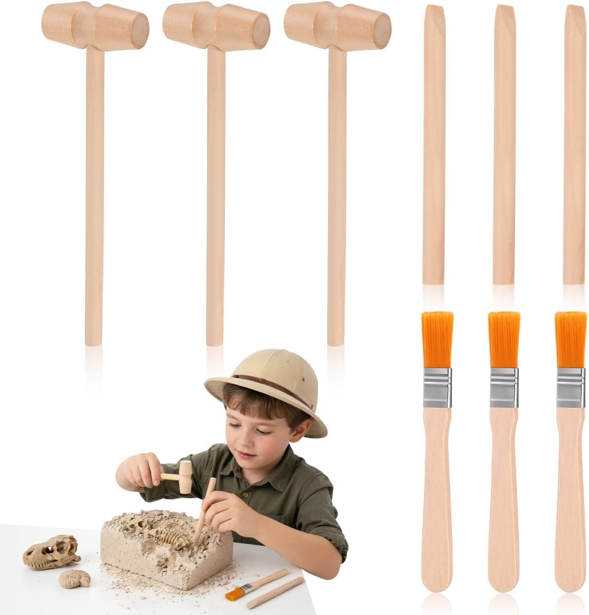 VOSAREA 3 Sets of Dinosaur Digging Tools Kids Play Learning Tools Small Digging Brush Chisel Hammer Toy STEM Science Kits