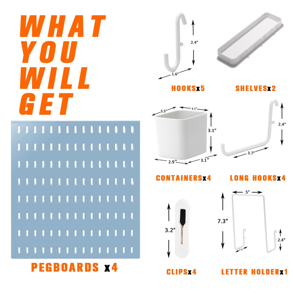 Peg Board Combination Kit, 4 Pegboards with 20 Accessories, Pegboard Wall Organizer for Office, Nursery & Home Storage, Key Holder, 25.6"x25.6" – Nail-Free Installation（White）