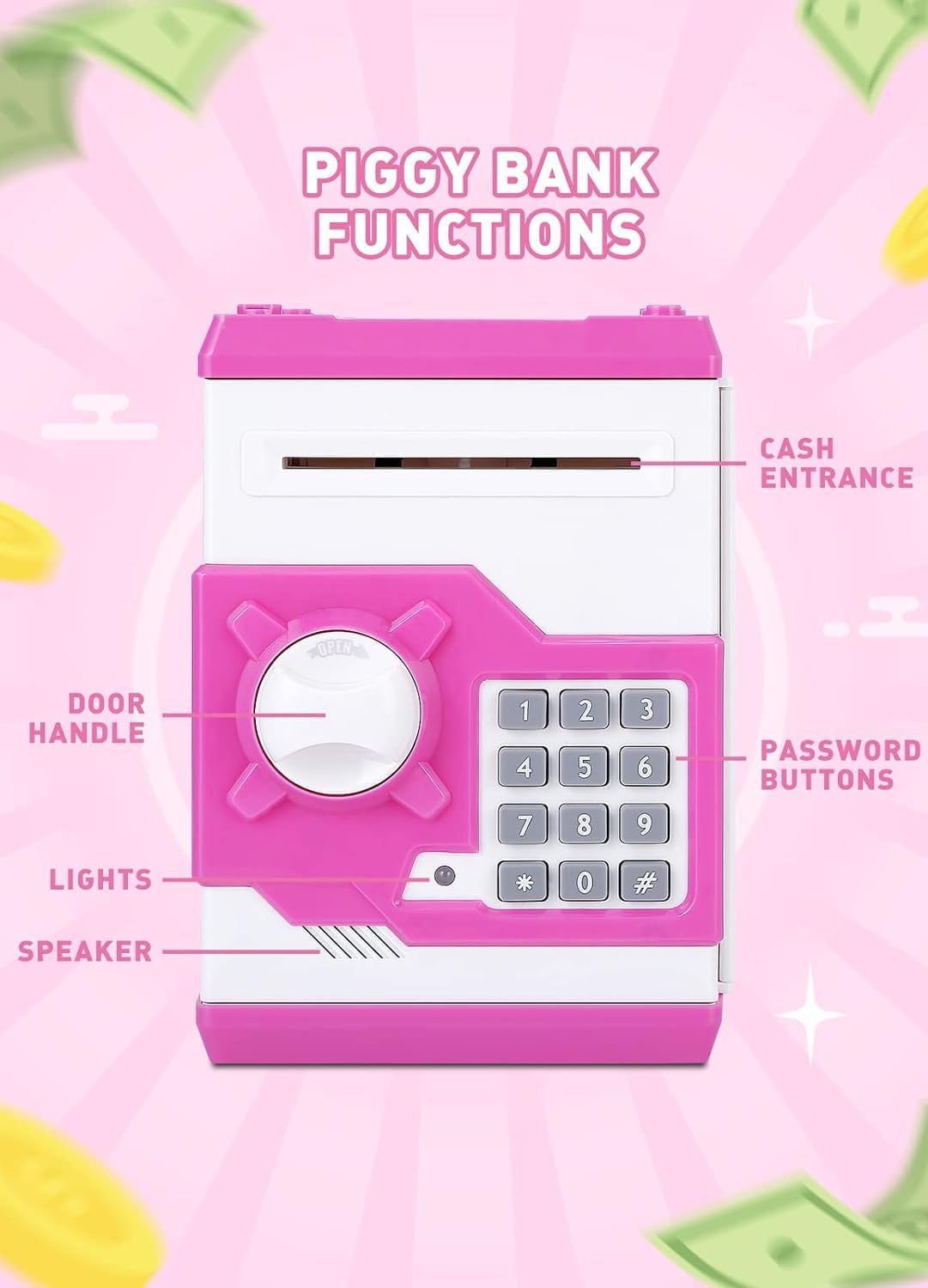 Playsheek Piggy Bank for Girls Boys Large Electronic Money Coin Banks with Password Protection, Automatic Paper Money Scroll Saving Box, Great Gift for Kids(Black-White)