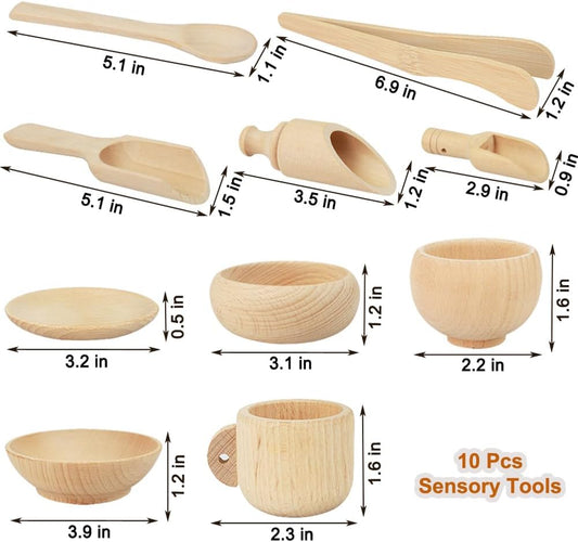Montessori Sensory Bin Tools: 1 Wooden Box + 11 Sensory Tools for Toddlers & Preschool Children - Fine Motor Learning Pretend Play