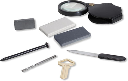 Mineral ID Kit - 7 Pieces - Includes Streak Plate, Magnet, Nail, Copper, Retractable Hand Lens, Nail File, Alloy Drill Bit for Geology Classrooms & Field Analysis