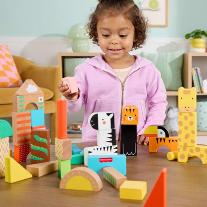 Fisher-Price Wood Toddler Toy Castle Block Set, 28 Wooden Pieces for Stacking Developmental Play Preschool Kids Ages 2+ Years