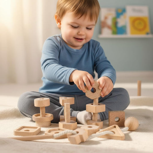 Wooden Screw and Nut Playset for Kids, Montessori Shape Sorting Toy, Lacing Beads for Kids, Preschoolers Activities, Building Construction Screw Matching Toys for Boys Girls Ages 3,4,5