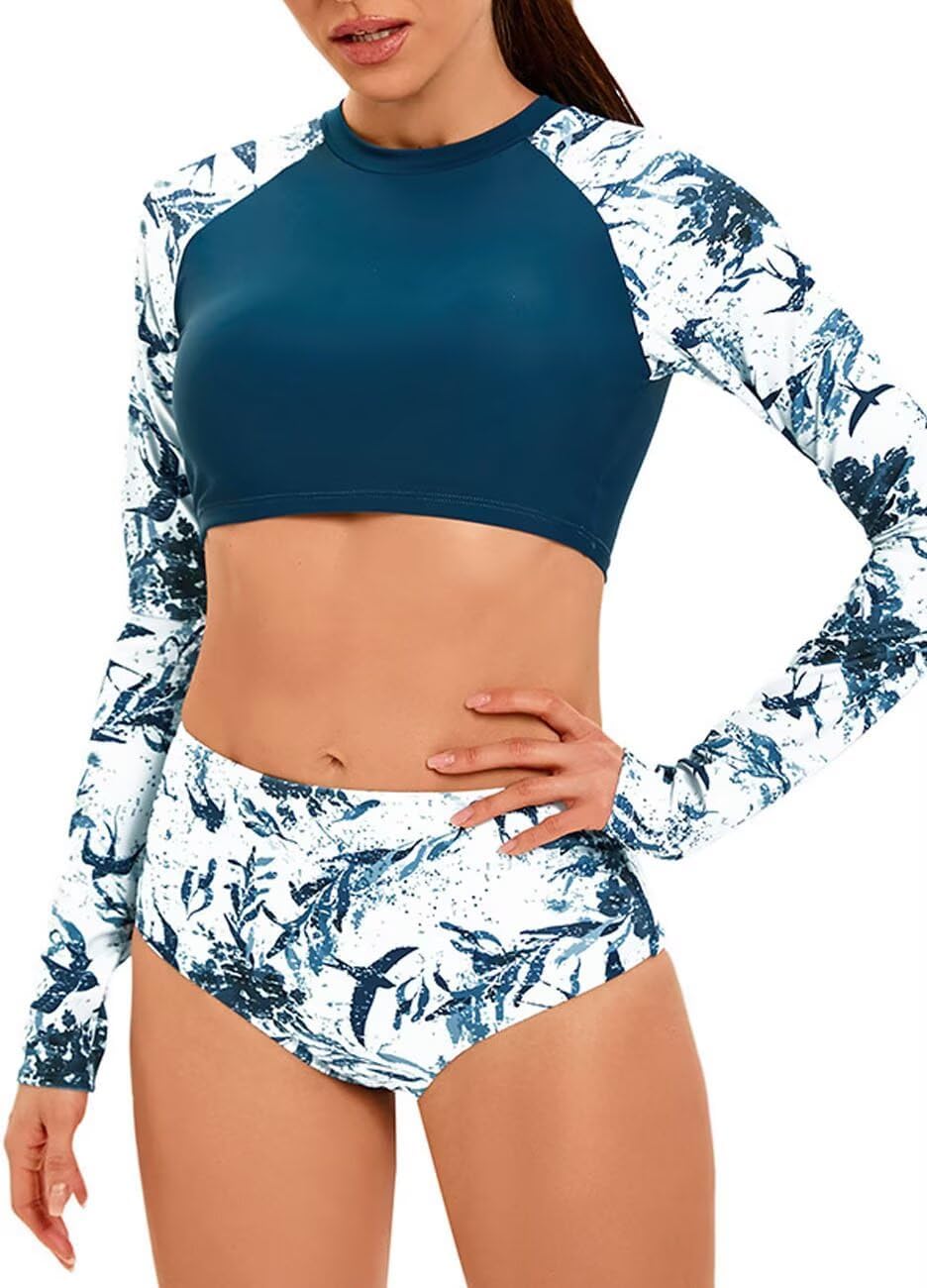 JadeRich Women's Fashion Pattern Long Sleeve Tankini Sets UPF 50+ Rash Guard Swimsuit Sun Block Swimwear