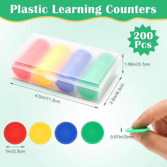 Luxiv 200Pcs Plastic Learning Counters with Storage Box, 4 Colors Bingo Chips 1 Inches Poker Chips Educational Counting Math Counters Manipulatives Round Game Chips Plastic Counters