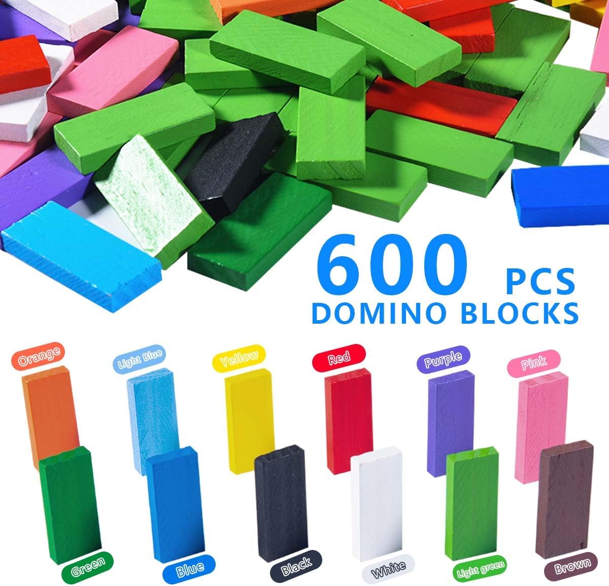 OBTANIM 600 Pcs Colorful Wooden Domino Blocks Set Tile Bulk Building Racing Stacking Games Educational Toys for Kids Birthday Party Favor