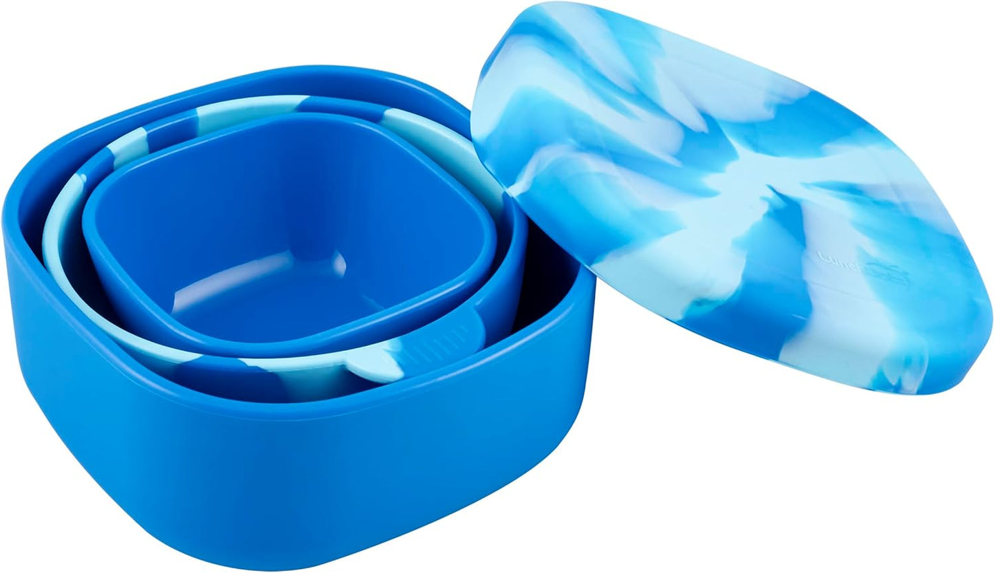 LunchBots Silicone Suction Bowl for Baby & Toddler, Stackable Nesting Bowl Set of 3 with Lid for Feeding, Portable Travel Bowls, Dishwasher Safe, 5/8/17 oz (Blue/Green)
