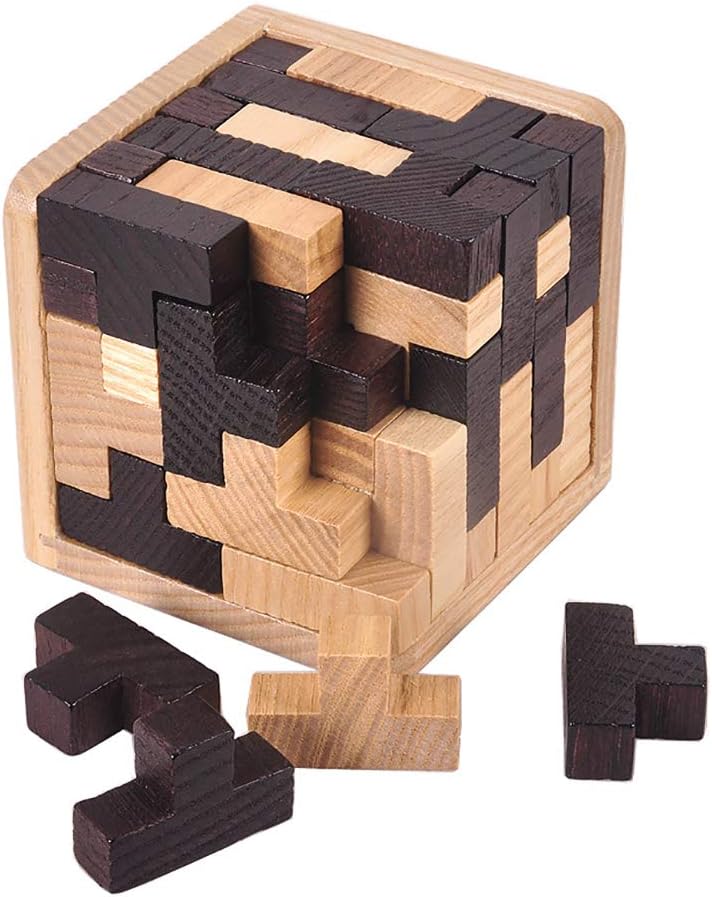 KINGOU Wooden Brain Puzzle Cube 3D Brain Teaser Puzzles 54 Pieces T-Shaped Blocks Builder Creative Educational Toy for Kids and Adults Desk Puzzles for Gift