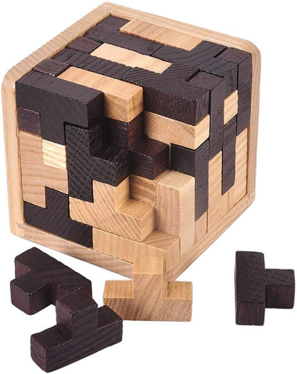 KINGOU Wooden Brain Puzzle Cube 3D Brain Teaser Puzzles 54 Pieces T-Shaped Blocks Builder Creative Educational Toy for Kids and Adults Desk Puzzles for Gift