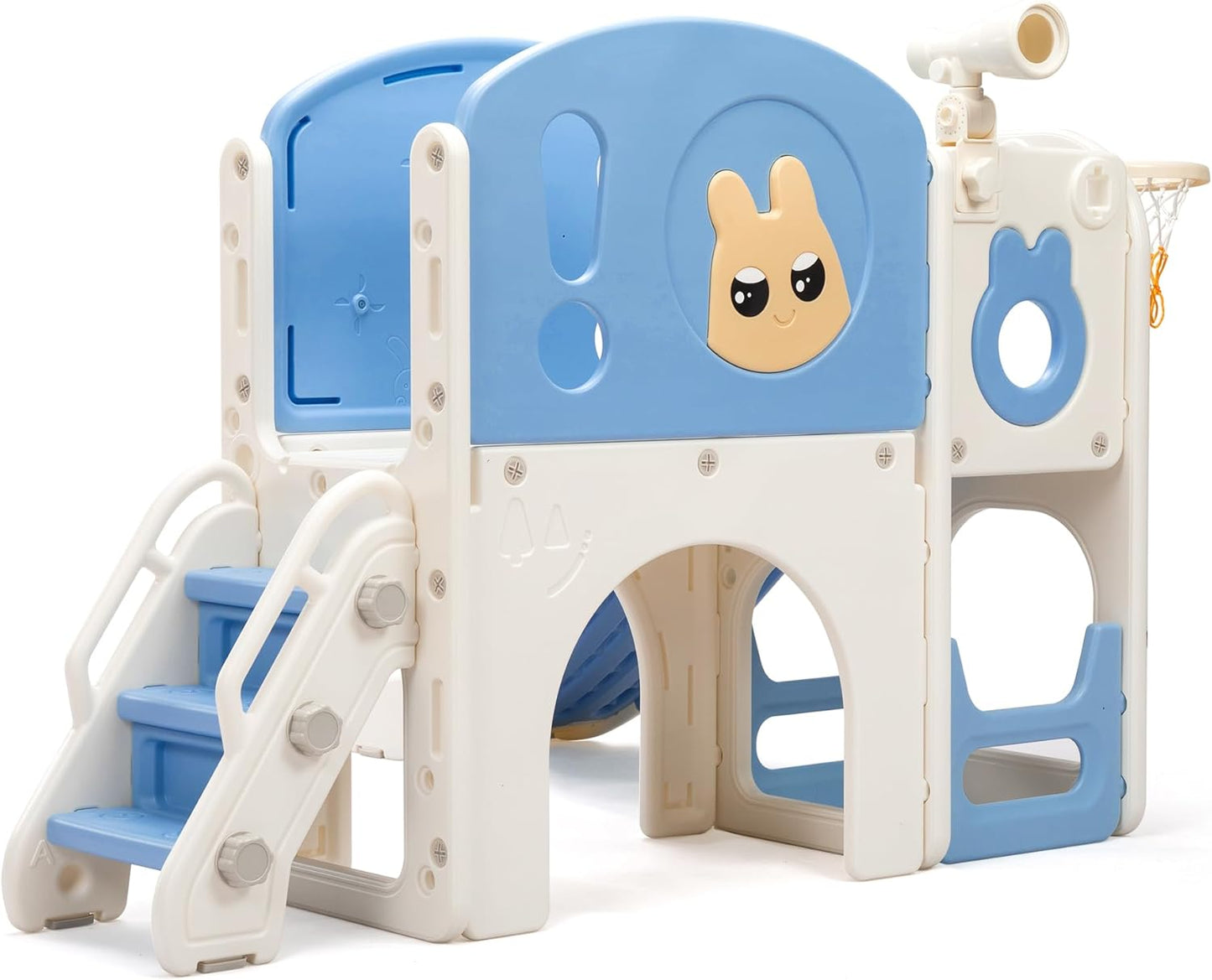 NYEEKOY 8-in-1 Toddler Slide and Climber Playset, Kids Slide Playground with Stairs, Tunnel, Telescope, Storage, Basketball Hoop and Ball, Indoor Outdoor, 1-3 Years Old, Blue