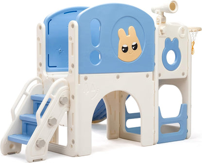 NYEEKOY 8-in-1 Toddler Slide and Climber Playset, Kids Slide Playground with Stairs, Tunnel, Telescope, Storage, Basketball Hoop and Ball, Indoor Outdoor, 1-3 Years Old, Blue
