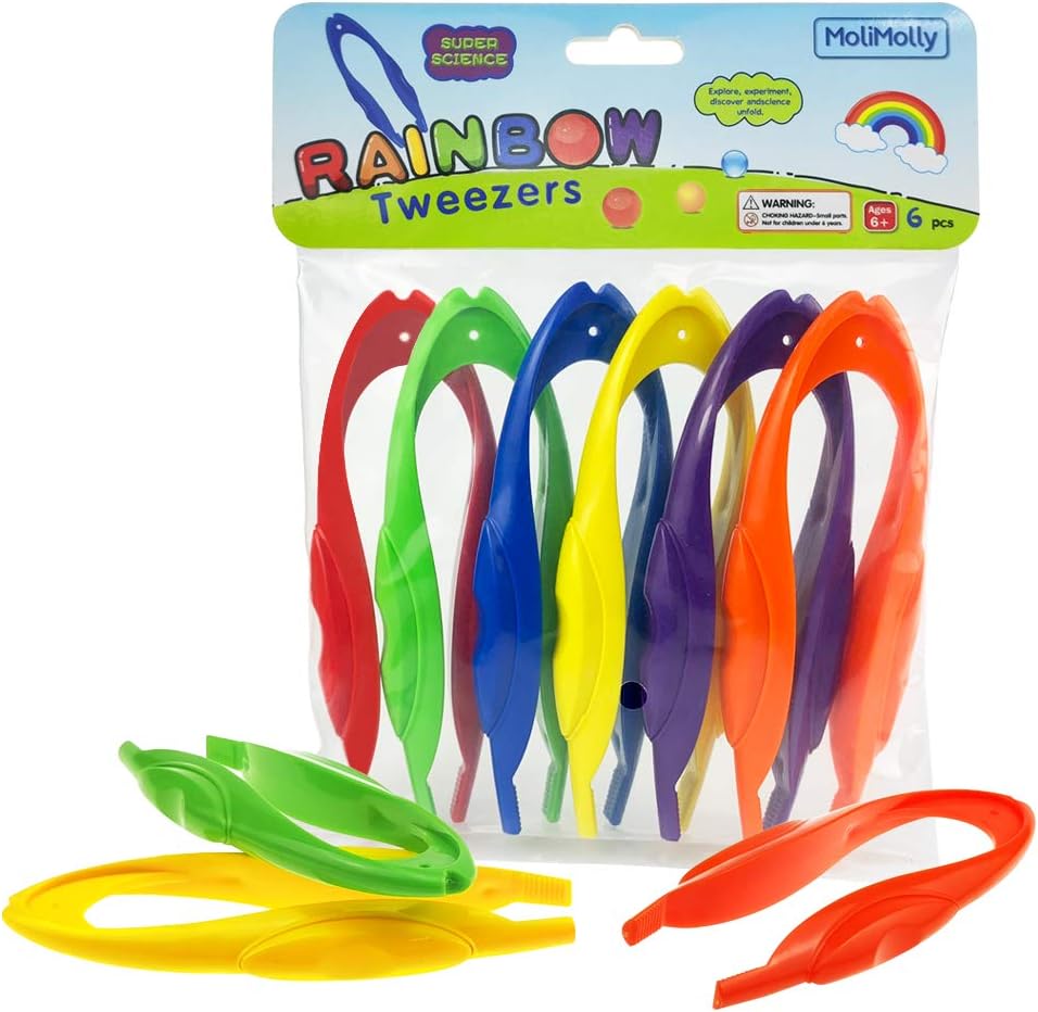 6Pcs Plastic Colorful Easy Grip Rainbow Tweezers, Easy Grasp Science Lab Tools Accessories for Kids