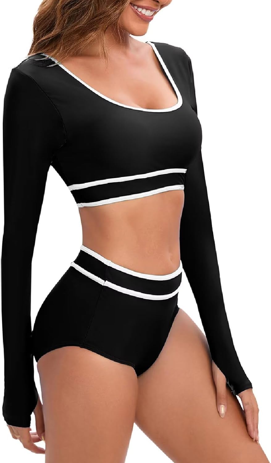 JadeRich Women's Fashion Pattern Long Sleeve Tankini Sets UPF 50+ Rash Guard Swimsuit Sun Block Swimwear