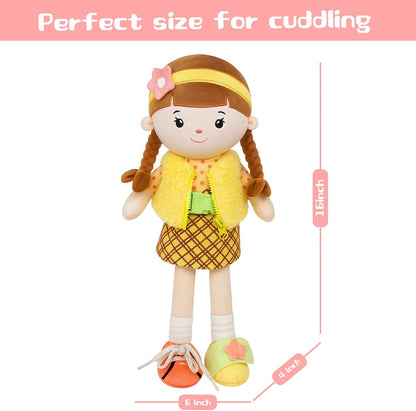 Soft Baby Doll Toys,16 inch Educational Plush Doll for Girls Learning Sensory Montessori Toy Birthday Gifts Cuddly Plush Toys for Toddler Kids (Yellow)