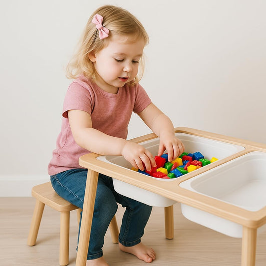 Ogears Sensory Table, Kids Activity Table, Wooden Play Table with Bins, Montessori Table, Chalk Board and Whiteboard