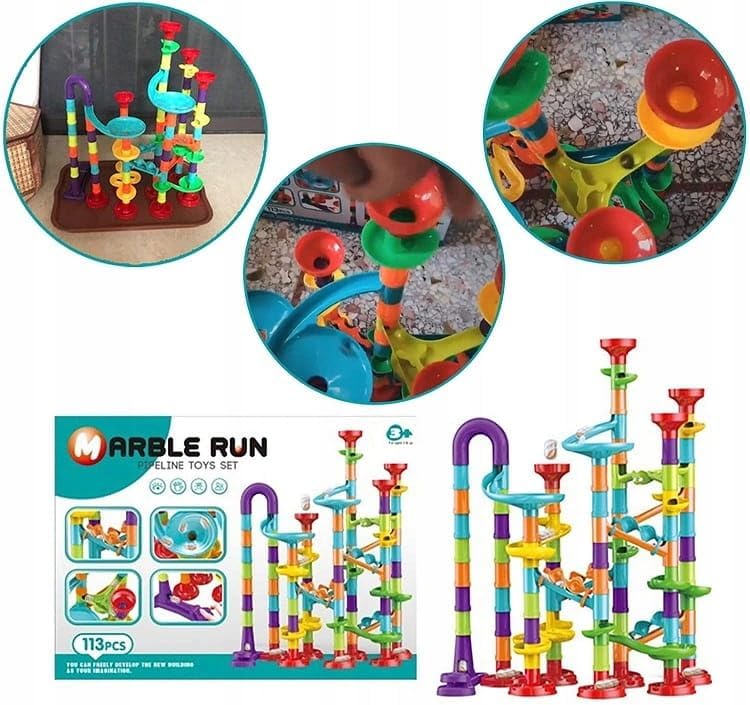 Marble Run Construction Set, STEM Learning Building Toy, 113 Pieces, Colorful Plastic Track with Spiral Ladder, Rotating Funnel, Ages 3-8