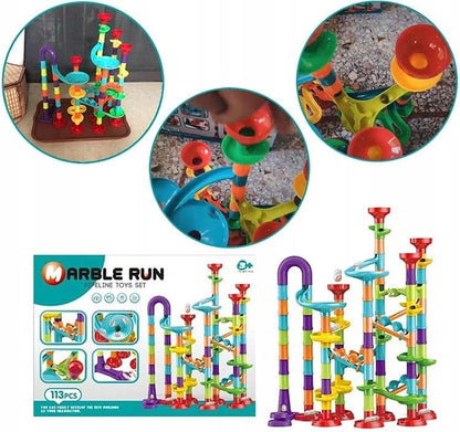 Marble Run Construction Set, STEM Learning Building Toy, 113 Pieces, Colorful Plastic Track with Spiral Ladder, Rotating Funnel, Ages 3-8