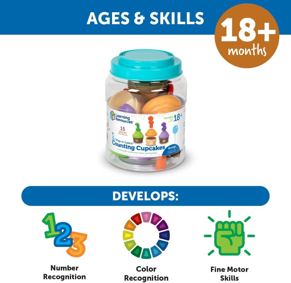 Learning Resources Counting Cupcakes - Number and Color Recognition Skills, Kitchen Play Food for Kids, Fine Motor Skills, Matching Toys, Homeschool, Birthday Gifts for Boys and Girls