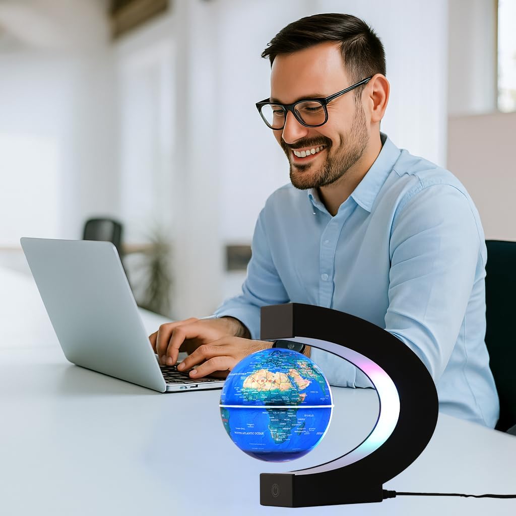 Magnetic Levitation Floating Rotating World Globe with LED Light - C Shape Anti Gravity Levitating Globe for Desk Office Decor, STEM Educational Map, Unique Tech Gift for Men Kids Boss, 3.5 Inches