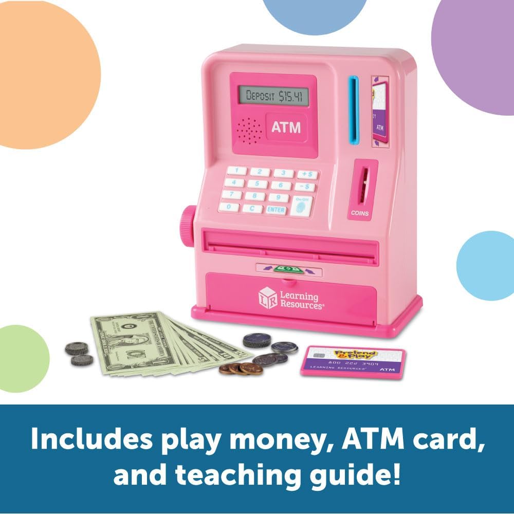 Learning Resources Pretend & Play Teaching ATM Bank, Pink - Play Money for Kids, Children's Banks, Electronic ATM Piggy Bank, Money Management for Kids, Coin Machine Toys