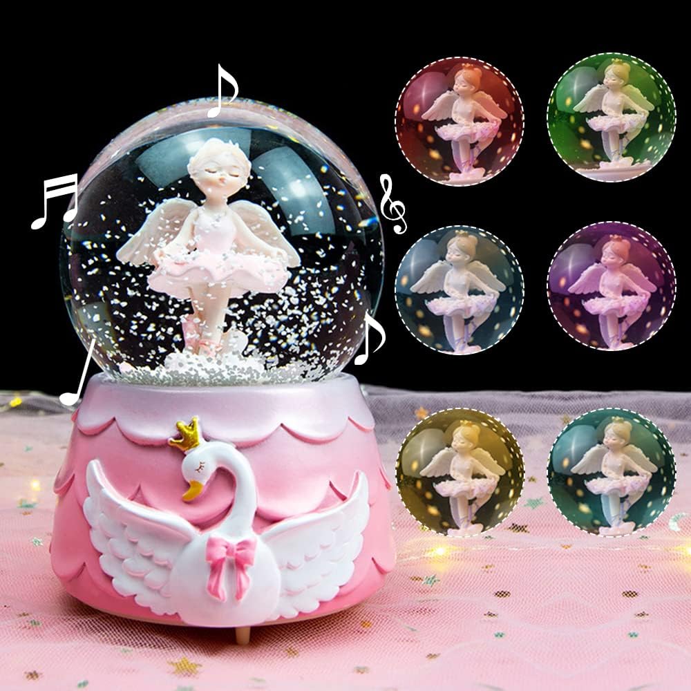 Ballerina Girl Swan Lake Musical Snow Globe, 80MM Glass Snowglobe Ballet Dancer Music Box with Colorful Lights for Girls Kids Daughter Granddaughter(Purple)