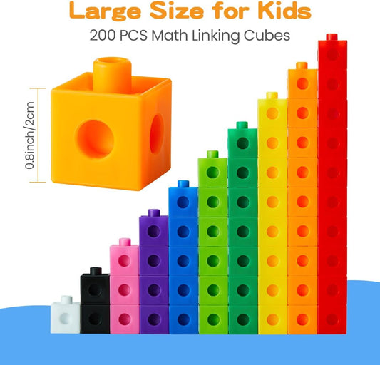 Set of 200 Kids Linking Cubes for Math, STEM Connecting Cubes Math Manipulatives Kids Counting Blocks for Classroom Learning Supplies for Preschool and Elementary Children